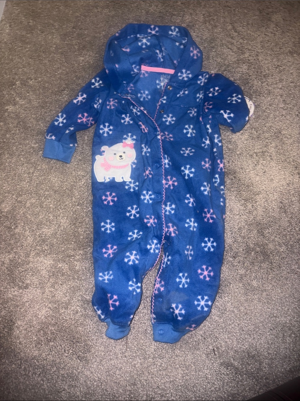 child of mine Blue Hooded Snowflake Footie with Bear Appliqué 12 months new